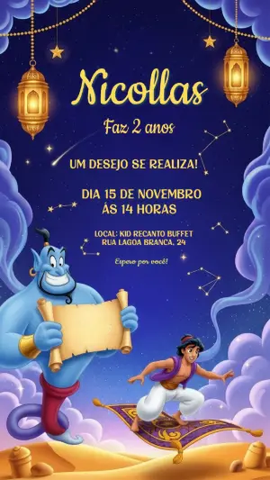 Convite de Aniversário Aladdin e o Gênio para Editar Online