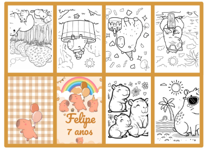 Mini Livro de Colorir Capivara Editável com Convite e Desenhos para Colorir