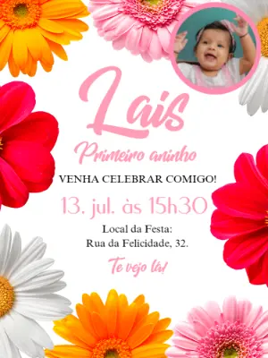 Convite Aniversário Margarida com Foto para Editar Online
