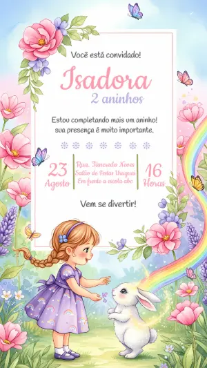 Convite Aniversário Jardim Encantado Menina e Coelho para Editar