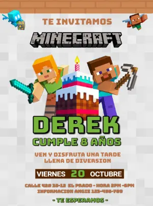 Invitación de Cumpleaños Minecraft Editable con Steve y Alex