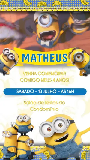 Convite Animado Aniversário Minions Divertido para Editar