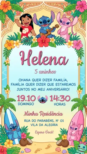 Convite de Aniversário Lilo & Stitch Tropical Editável