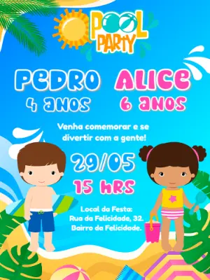 Convite Aniversário Duplo Pool Party para Editar Online