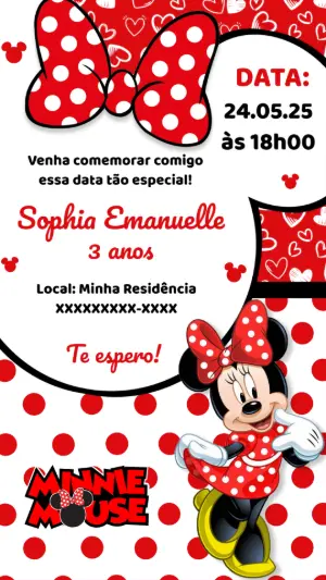 Convite de Aniversário Minnie Mouse Vermelha para Editar