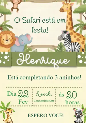 Convite de Aniversário Safari Fofo com Animais para Editar