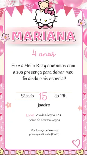 Convite de Aniversário Hello Kitty Floral para Editar Online