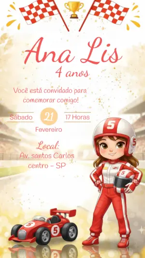 Convite de Aniversário Corrida de Carros Menina Editável