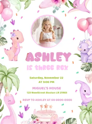 Editable Girl Dinosaur Birthday Invitation with Photo