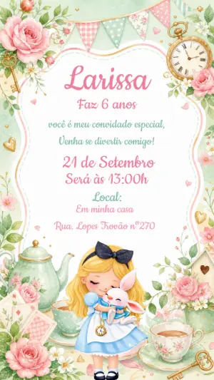 Convite de Aniversário Alice no País das Maravilhas Editável