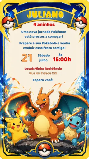 Convite de Aniversário Pokémon Editável com Pikachu e Charizard