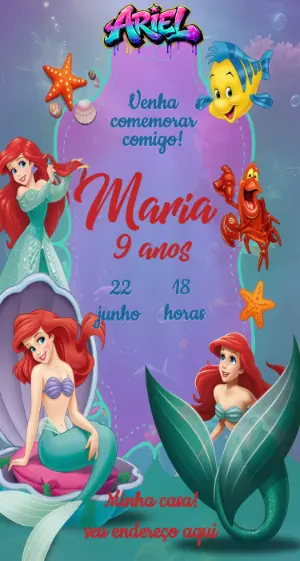 Convite de Aniversário Ariel Sereia Moderno para Editar