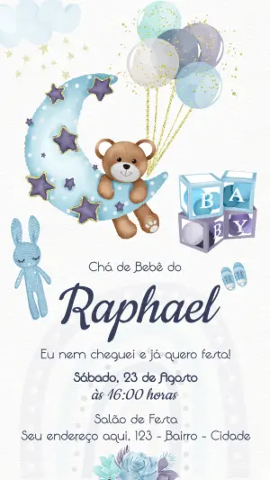 Convite Chá de Bebê Ursinho na Lua para Editar Online