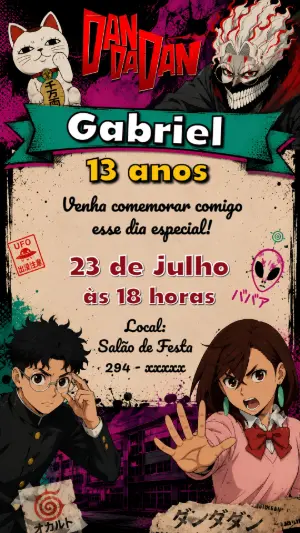 Convite de Aniversário Dandadan Estilo Anime para Editar