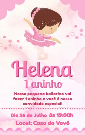Convite de Aniversário Bailarina Rosa Delicado Modelo Editável