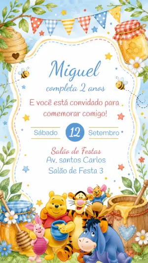 Convite de Aniversário Ursinho Pooh Aquarela para Editar