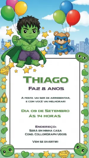Convite Aniversário Hulk Super-Herói para Editar Online