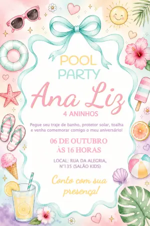 Convite de Aniversário Pool Party Menina para Editar