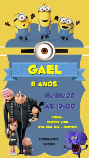 Convite de Aniversário Minions Divertido para Editar Online