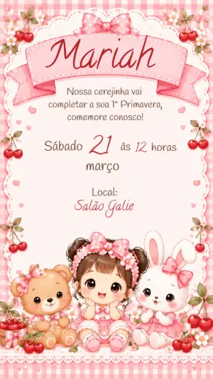Convite de Aniversário Cerejinha e Ursinho Editável