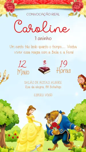 Convite de Aniversário A Bela e a Fera Editável para Menina