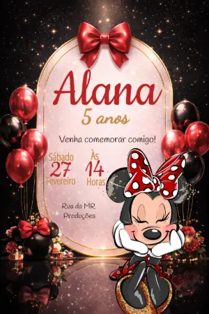 Convite de Aniversário Minnie Luxo Vermelho e Preto Editável
