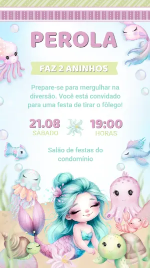 Convite de Aniversário Sereia Fundo do Mar para Editar