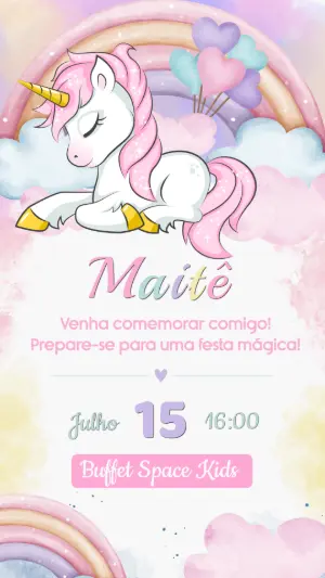 Convite de Aniversário Unicórnio Mágico em Aquarela para Editar