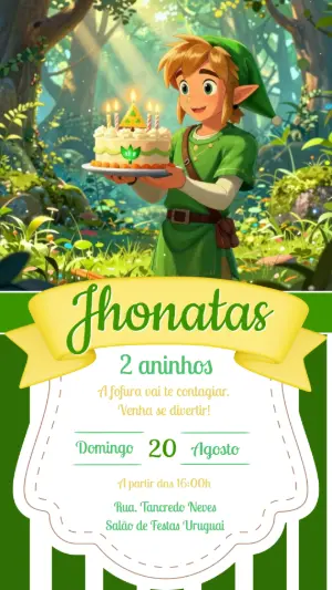 Convite de Aniversário Zelda Editável com Tema Floresta