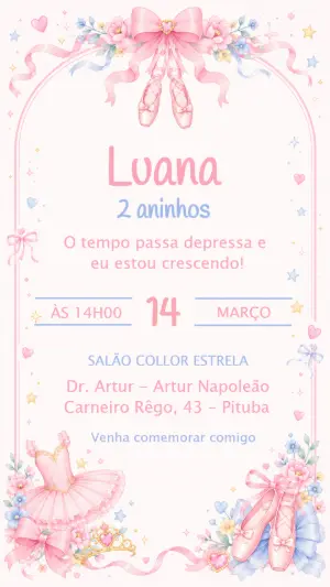 Convite de Aniversário Bailarina Aquarela Delicado para Editar