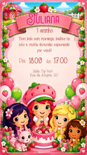 Convite de Aniversário Moranguinho Retrô para Editar Online