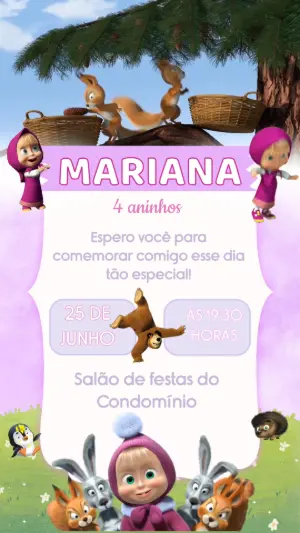 Convite Animado Aniversário Masha e o Urso para Editar