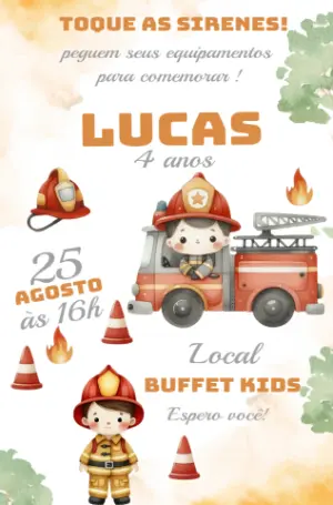 Convite de Aniversário Bombeiro Infantil para Editar Online