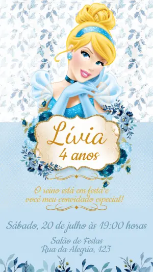 Convite de Aniversário Cinderela Azul e Dourado Editável
