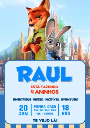 Convite de Aniversário Zootopia com Nick e Judy para Editar