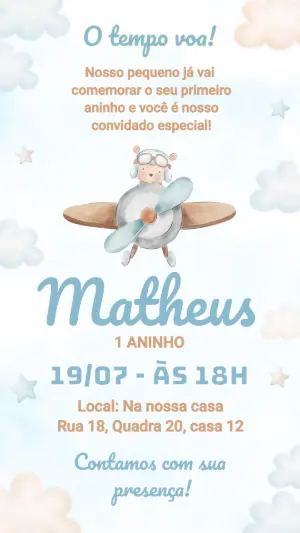 Convite de Aniversário Infantil Ursinho Aviador Editável