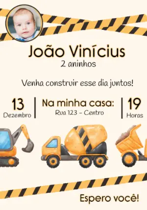 Convite de Aniversário Infantil Construção Editável com Foto