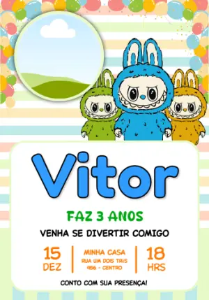 Convite de Aniversário Infantil Labubus para Editar
