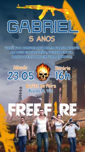 Convite de Aniversário Free Fire com Esquadrão para Editar
