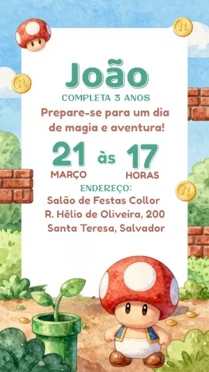 Convite de Aniversário Super Mario Aquarela para Editar