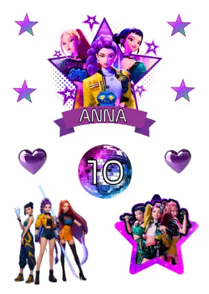 Topo de Bolo Guerreiras K-Pop para Editar e Imprimir