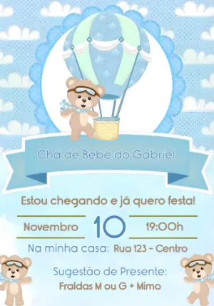 Convite Chá de Bebê Ursinho Baloeiro Azul para Editar Online