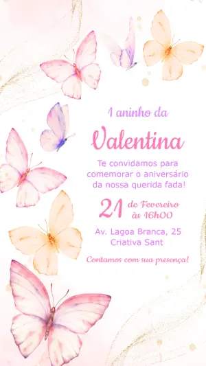 Convite de Aniversário Borboletas Aquarela Rosa para Editar