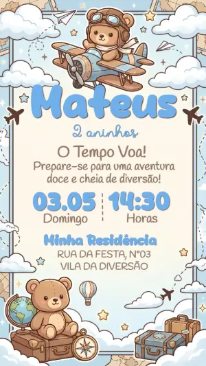 Convite de Aniversário Ursinho Aviador Editável