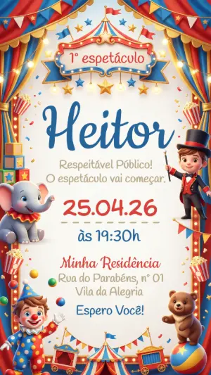 Convite de Aniversário Circo Menino Colorido Editável