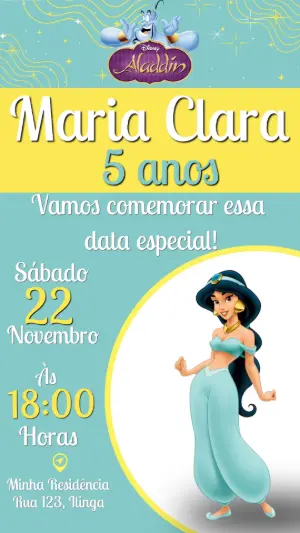 Convite Animado Princesa Jasmine e Aladdin para Editar