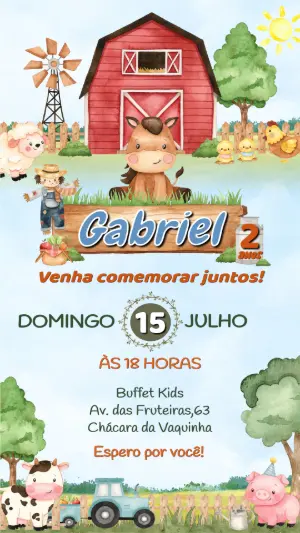 Convite de Aniversário Fazendinha com Animais para Editar