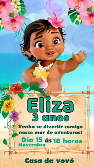 Convite Digital Moana Baby Aventura Tropical Editável