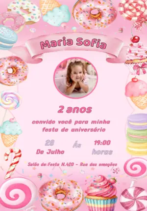 Convite de Aniversário Mundo Doce com Foto para Editar Online