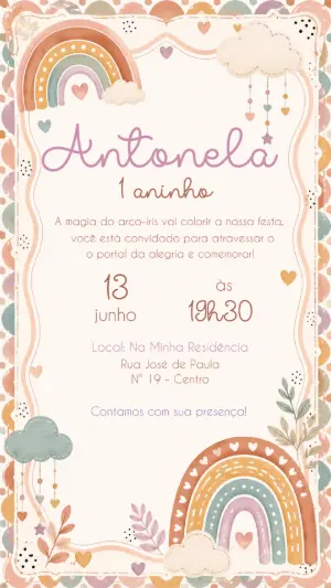 Convite de Aniversário Arco-íris Boho Editável para Menina